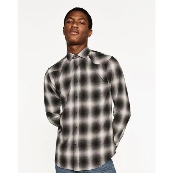 Zara Man Slim Fit Pearl Snap Western Shirt Plaid Long Sleeve Men's Small 38 B&W - Picture 1 of 11